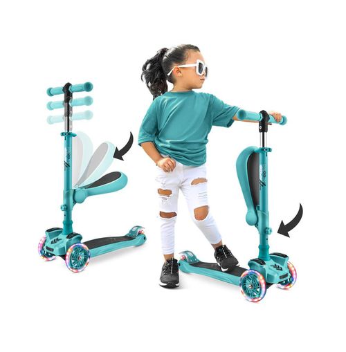 Kids Scooter - Child Toddler Kick Scooter Toy with Foldable Seat - 3 Wheel Scooter with Adjustable Height, Anti-Slip Deck, Flashing Wheel Light