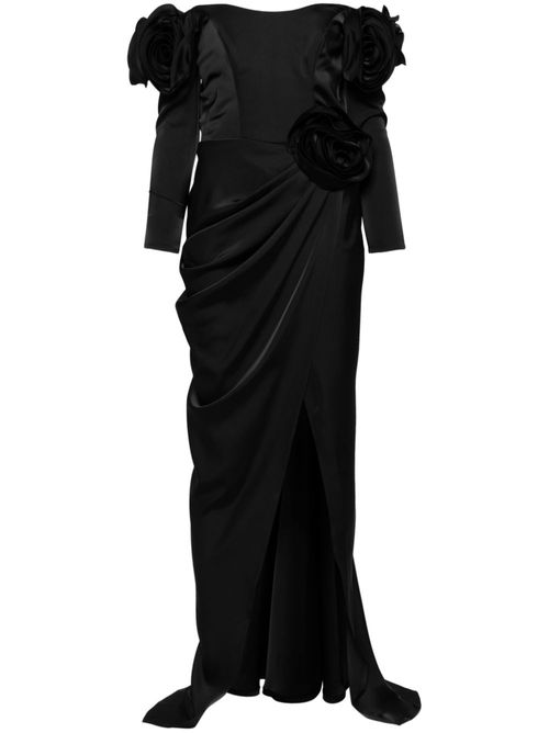 Floral-appliqué satin gown - Black