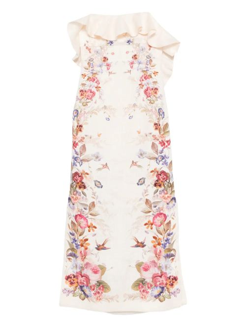 Floral Print Frilled Dress — Vanilla