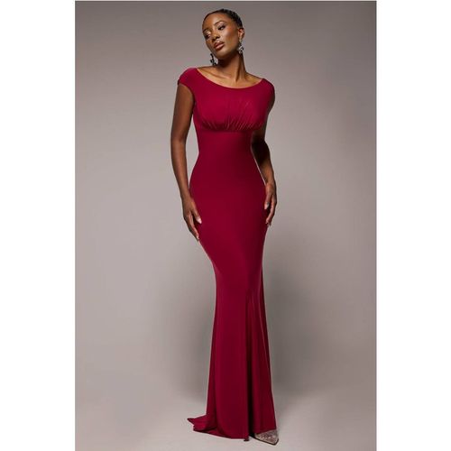 Goddiva Women's Open Back Cowl Neck Gathered Maxi Dress w/ Velvet Tie Back in Wine