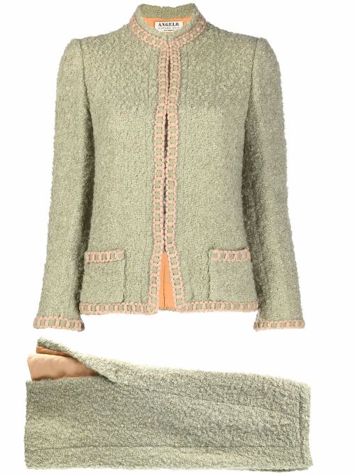 1950s trim-detailing textured skirt suit - Green