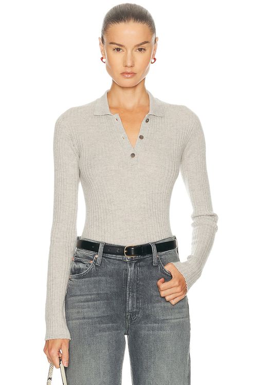 The Elder Statesman Silky Cashmere Polo Sweater in Grey
