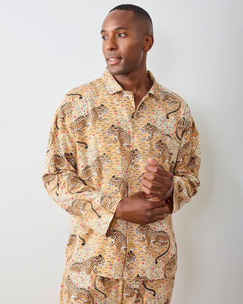 Organic Flannel Long Sleeve and Pants Pajama Set in Leopard Bagheera | Men's XS | Tan | Sleepwear