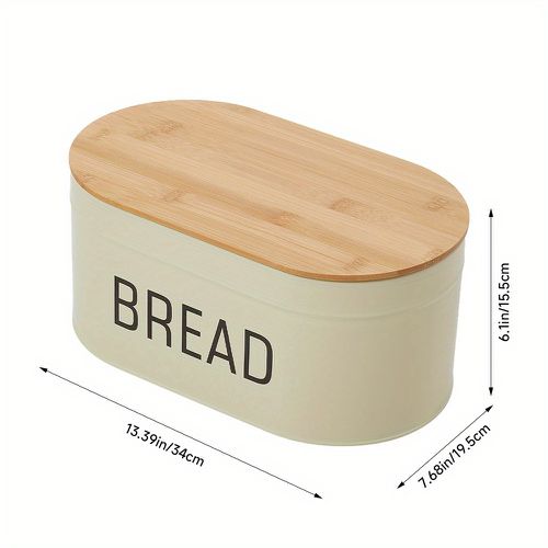 TEMU Large Beige Ellipse Bread Box With Bamboo Lid – Rustic Metal Bread Bin For Kitchen Countertop, Storage For Bread, Pastries, And Snack