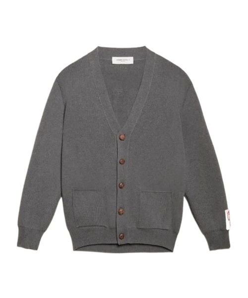 Mens Golden Collection cardigan in dark gray melange cotton with contrasting white logo on the back