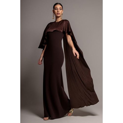 Goddiva Scoop Neck Soft Satin Cape Sleeve Maxi Dress - Brown