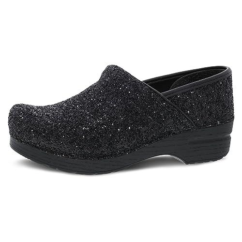 Dansko Professional Glitter Slip-On Clogs for Women – Rocker Sole and Arch Support for Comfort – Shiny and Stylish Glitter Uppers Black Glitter