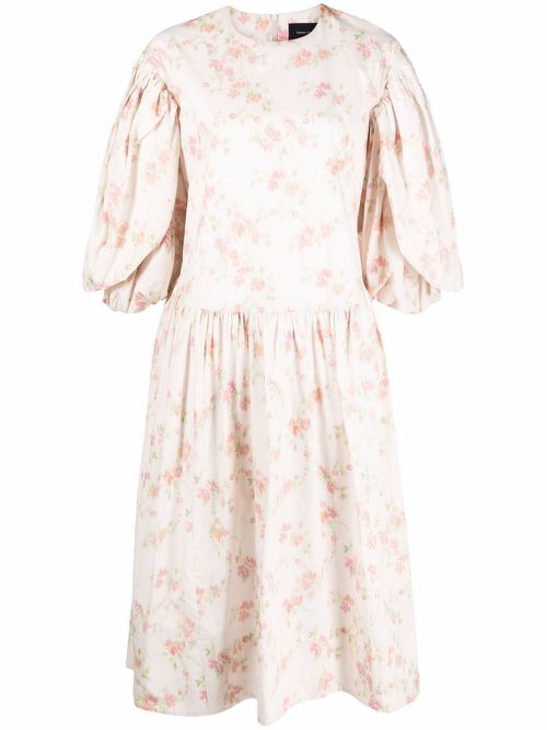 Floral-print puff-sleeve midi dress - Neutrals