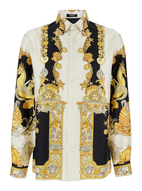 Coral Teater White Shirt With Classic Collar And All-over Print In Silk Man