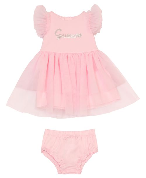 Baby Girl Short Sleeve Dress with Mesh Frill Sleeves and Diaper Cover, 2-Piece Set - Pink