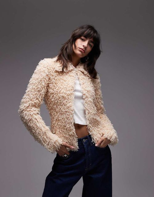 & pure wool loop knit cardigan with collar in beige-Neutral