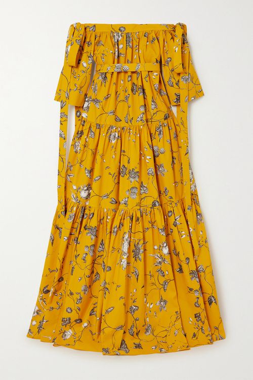 Off-the-shoulder Bow-detailed Floral-print Cotton-faille Gown - Yellow