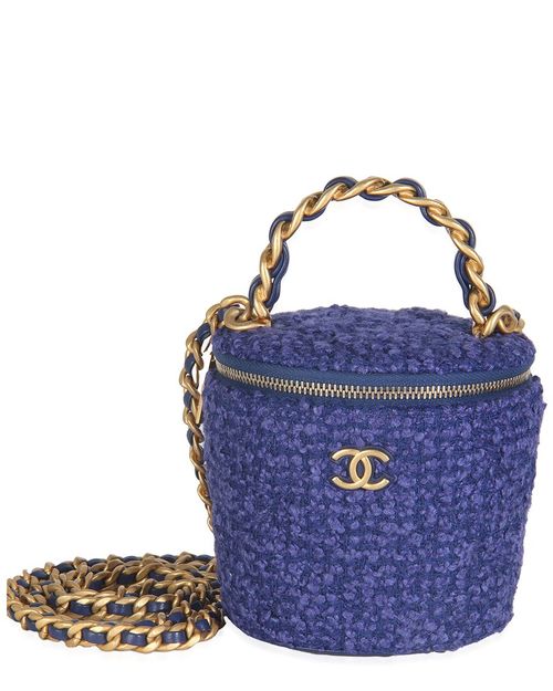 Blue Quilted Tweed Afternoon Tea Top Handle Vanity Case With Chain (Authentic Pre-Loved)