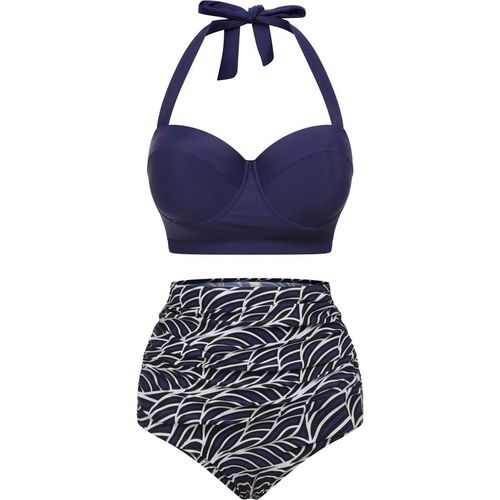 1940s Geometry Pleated Halter Swimsuit Blue