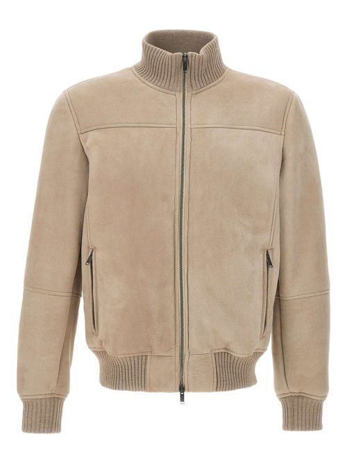 Ribbed-collar suede jacket - Neutrals