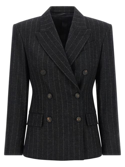 Pinstripe Virgin Wool-Cashmere Blazer — Charcoal
