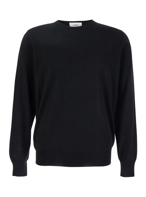 Black Round Neck Sweater With Long Sleeves In Wool And Silk Blend Man