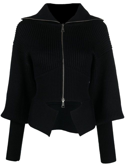 Ribbed-knit zip-up cardigan - Black
