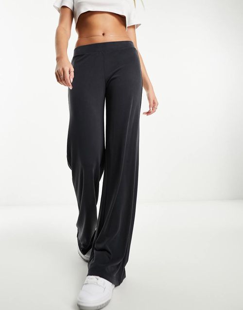 Monki super soft low waist wide leg jersey trousers in charcoal black