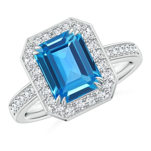 Angara 2.75 Carats Emerald-Cut Swiss Blue Topaz Engagement Ring with Diamonds in Platinum