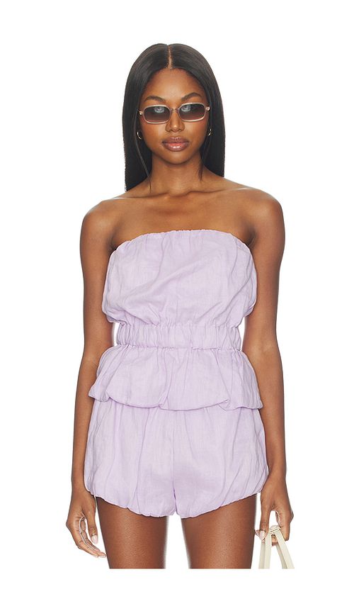 AEXAE Linen Bandeau Ruched Top in Lavender. L. Also in M, S