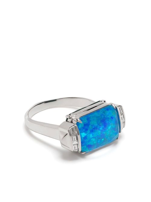 18kt white gold Deco Wide Twister turquoise diamond ring - Silver
