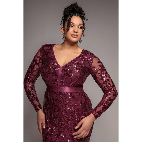 Goddiva Plus Embroidered Sequin & Mesh Maxi Dress - Burgundy