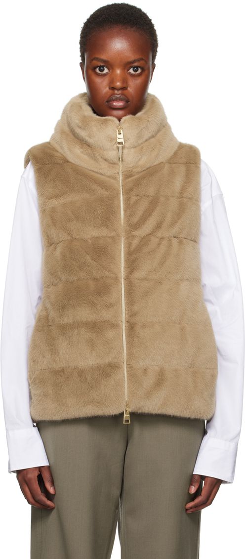 Herno Tan Quilted Faux-Fur Down Vest