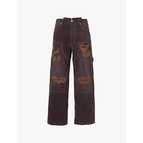 Mens Brown Canvas Wide Leg Carpenter Faded Wash Wide-leg Mid-rise Denim Jeans 30