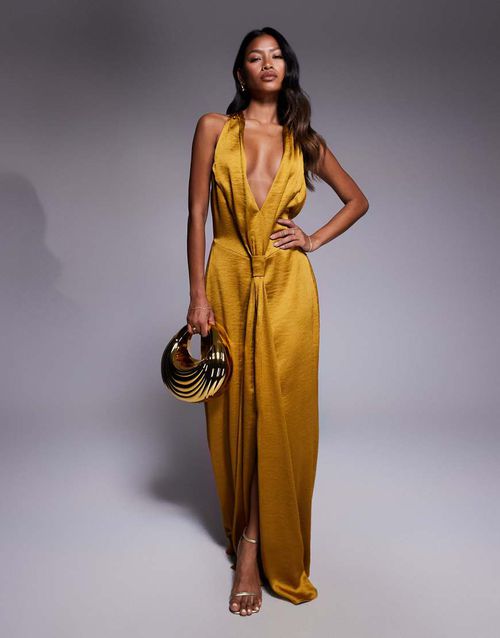 TFNC | halterneck maxi dress with tie front detail in mustard satin-Yellow  | Realry