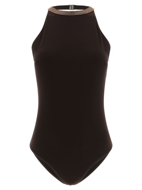 Precious Collar One-Piece Swimsuit — Brown