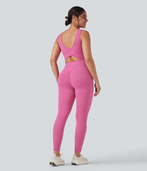 UltraSculpt™ V Neck Butt Lifting Workout Jumpsuit with Pockets Workout Dress - Pink Power