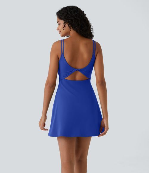 SoftlyZero™ Plush Double Straps 2-Piece Pocket Slip Dance Active Dress A-C Cups Workout Dress - Lotus Blue