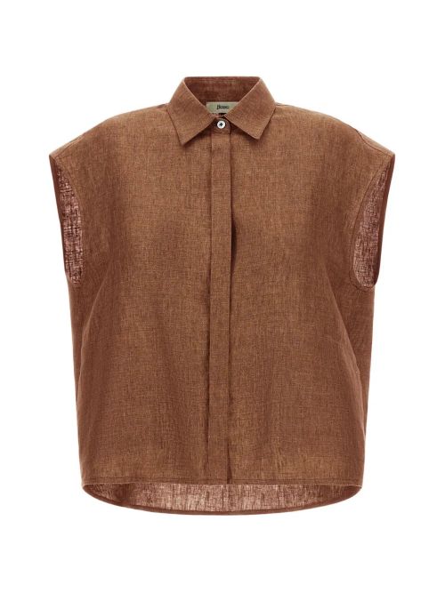 Linen Concealed-Fastening Tank Top — Tan