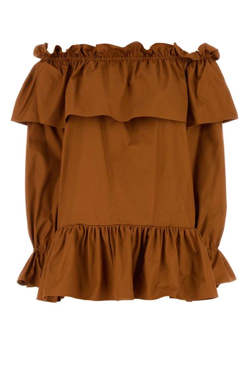 Cotton Twill Off-Shoulder Dress — Caramel