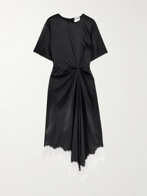 Sonoma Asymmetric Gathered Lace-trimmed Silk-blend Satin Midi Dress - Black