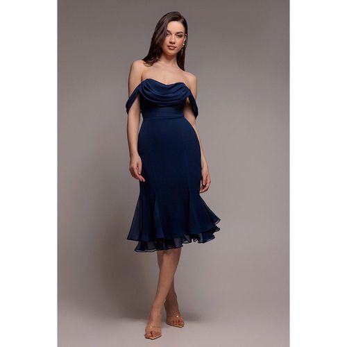 Goddiva Chiffon Cowl Off Shoulder Wing Tiered Midi Dress - Navy Blue