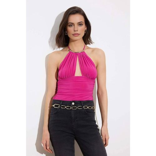 WOVCOR Women's Cut Out Halter Neck Sleeveless Fitted Bodysuit Top in Pink