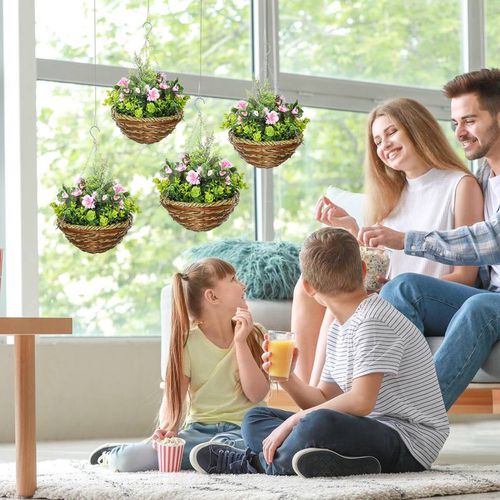 Outsunny 4 Pcs Artificial Lisianthus Flower Hanging Planter Basket Indoor In Pink