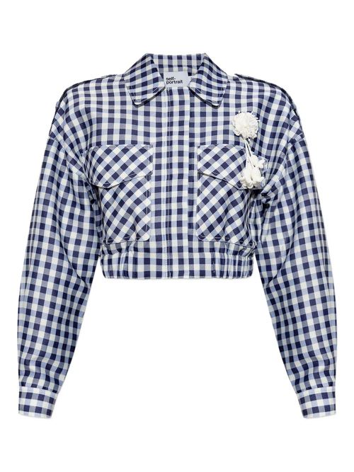 Check-print pom-pom jacket - Blue
