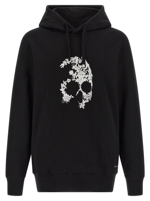 Digital Lace Skull-Print Cotton Hoodie — Black