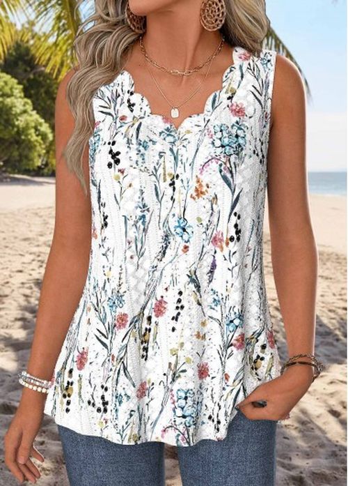 Modlily White Floral Print Curved Hem Sleeveless Tank Top