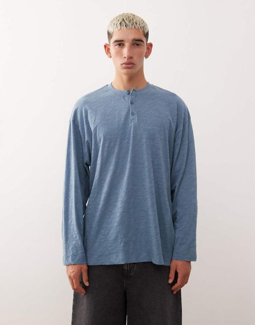 Long sleeve slub jersey henley t-shirt in blue