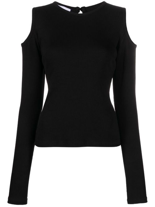 Fine-ribbed cold-shoulder top - Black
