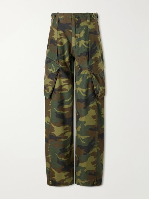 Printed Cotton-canvas Barrel-leg Cargo Pants - Green