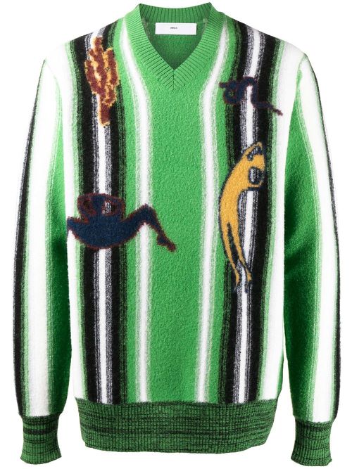 Graphic-print V-neck jumper - Green