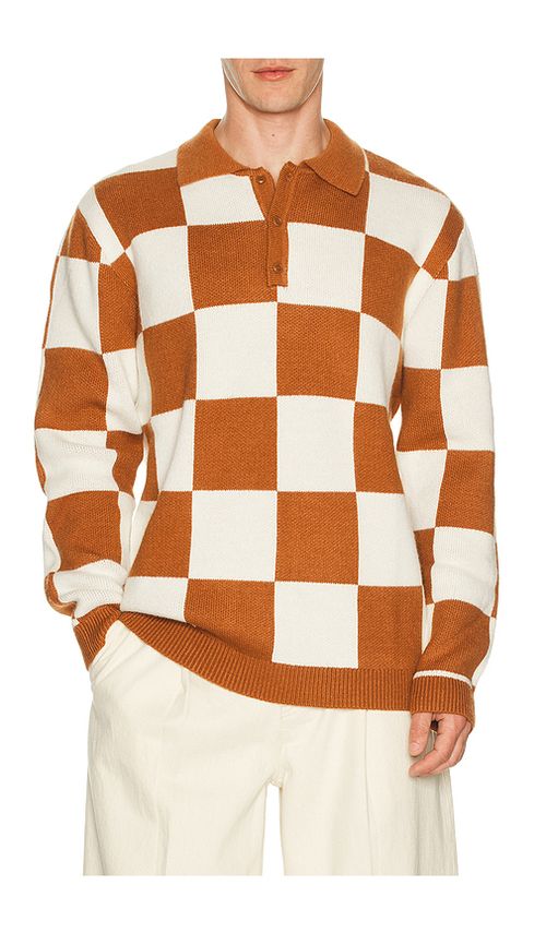 Rhythm Rhumba Check Knit Polo in Brown. XL/1X. Also in