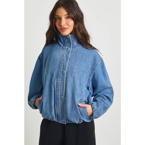 Boohoo Women's Funnel Neck Denim Bomber Jacket in Mid Blue