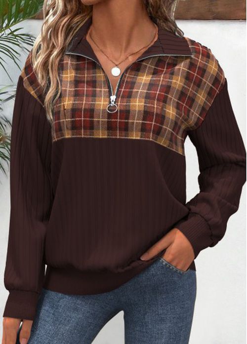 Modlily Dark Coffee Zipper Plaid Long Sleeve V Neck Sweatshirt