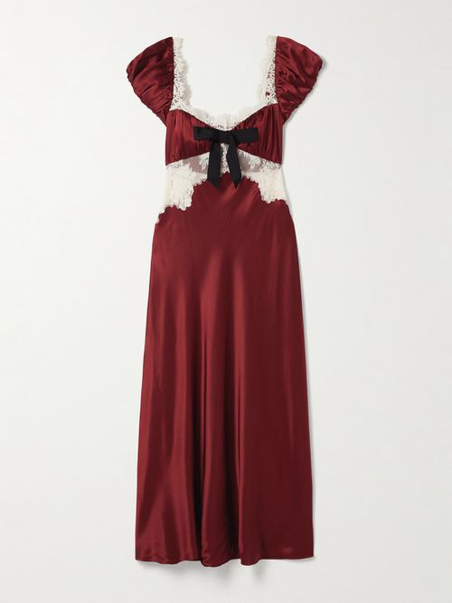 Veda Bow-detailed Corded Lace-trimmed Silk-charmeuse Midi Dress - Red